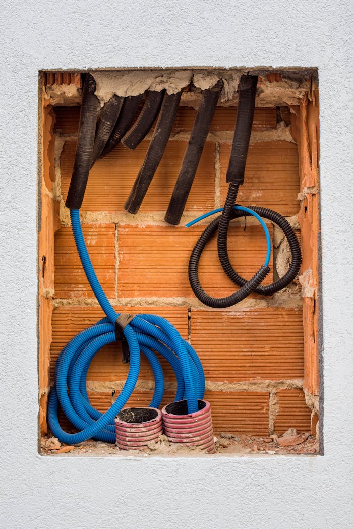 Exposed brick wall with visible electrical wiring and cables in a construction site.